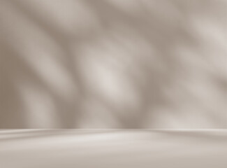 Empty brown cream beige room studio with shadow of leaves for product presentation. Autumn background. Summer tropical backdrop. Cosmetic showroom.