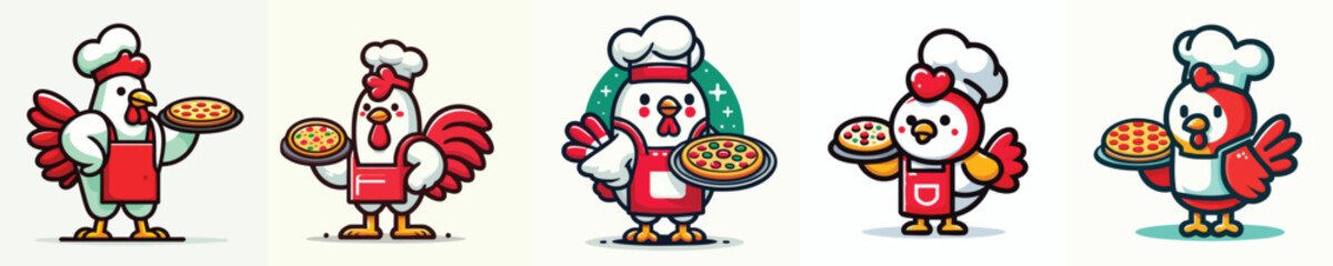 Chicken Pizza Chef Vector – Funny Rooster in Apron and Hat