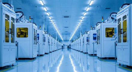 A long, clean production line of automated machines stretches through a vast, modern factory.