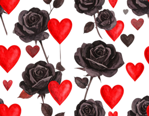  Dark Romantic Watercolor Pattern of Black Roses Intertwined with Red Hearts on Light Gray Background