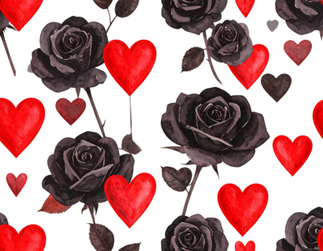  Dark Romantic Watercolor Pattern of Black Roses Intertwined with Red Hearts on Light Gray Background