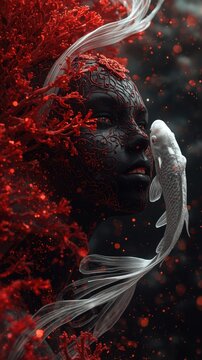 Surreal portrait with koi fish, dark fantasy underwater art
