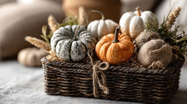 A holiday gift basket mockup with mini pumpkins and natural packaging - Powered by Adobe