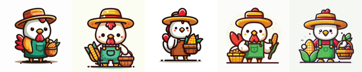 Farmer Chicken Vector Pack – Cute Cartoon Chicken with Harvest