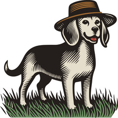Dog Wearing Western Hat Standing on Grass Vintage Vector Illustration