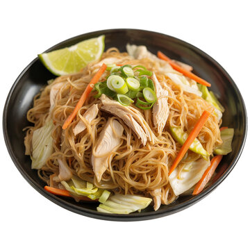 Stir Fried Rice Noodles Pancit Bihon Authentic Fresh Vegetables Isolated Delight cut on transparent background
