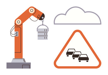 Robotic arm holding server, cloud outline above, warning sign with cars inside triangle. Ideal for AI, automation, cloud computing, IoT, technology traffic management data storage. Simple flat
