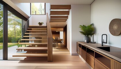 luxury contemporary interior design in a multi storey home with sleek wooden stairs and custom cabinets under them for storage
