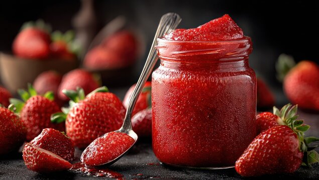 Glass jar filled with strawberry jam and fresh strawberries scattered around, silver spoon with jam