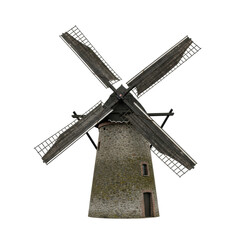 A sturdy traditional european windmill, weathered dark wooden sails, aged stone base with moss, isolated on seamless transparent background with copy space, clean studio light, concept of enduring