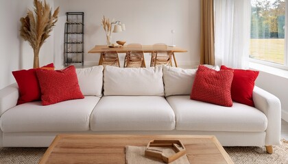 minimalist scandinavian style home interior design of modern living room boucle white couch with red and cream accent pillows is paired with a natural wood coffee table