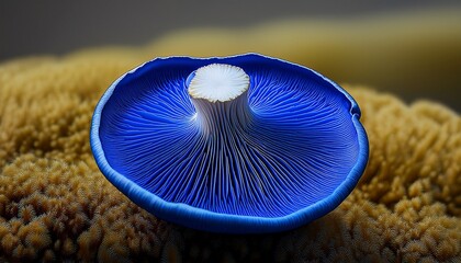 a single indigo milk cap mushroom sliced open revealing its vibrant blue interior