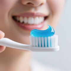 Hand holding white toothbrush with blue gel toothpaste on bristles close up oral hygiene concept for dental care healthy teeth and daily healthcare routine