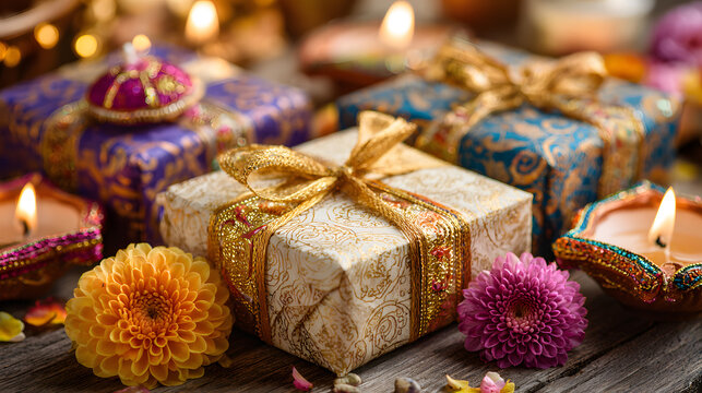 Beautifully wrapped Diwali gift boxes adorned with glden ribbons, surrounded b diyas and fresh flowers o a wooden table