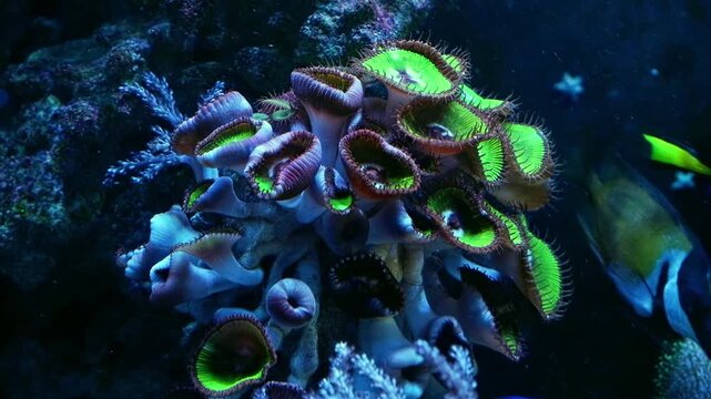 Palythoa grandis in stress, green soft coral open head disc in water flow, fluorescent animal colony, live rock, easy pet for beginner aquarist, LED blue light, nano reef marine aquarium, mental relax