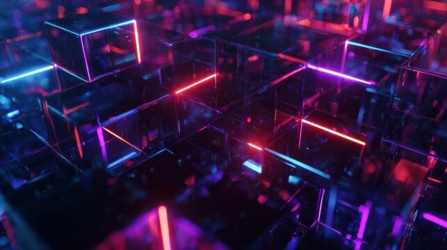 Fototapeta Abstract geometric network of glowing neon cubes and lines in a futuristic cyberpunk landscape