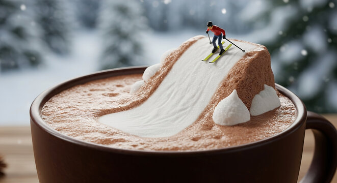 Miniature skier performing on hot chocolate mountain with marshmallows in winter setting