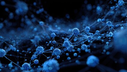 Abstract network of interconnected, glowing blue spheres