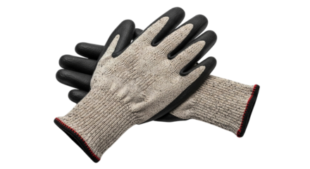 Photo of a pair of protective work gloves with black palms and grey knitted cuffs isolated on a transparent background
