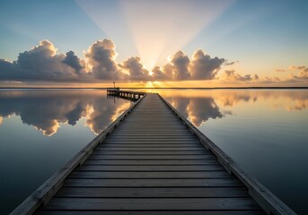 Fototapeta premium A serene wooden dock extends into a calm lake at sunrise, showcasing the vibrant colors of the sky reflected in the still water.