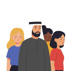 Diverse group of multicultural people standing together in a flat vector illustration, symbolizing community, unity, and global society