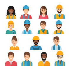 Collection of Diverse People in Hard Hats and Work Uniforms Vector Set