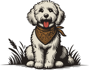 Dog with Scarf Around Neck Hand Drawn Vintage Vector Illustration, Hand drawn vintage style illustration of a dog wearing a scarf around its neck. Perfect for pet logos, retro badges, apparel prints