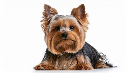 yorkshire terrier dog sitting and looking at the camera and isolated on a white background