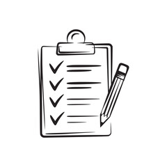 A clipboard with check marks and lines next to a pencil in a black and white sketch style image