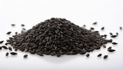 a small pile of whole black cumin seeds with their rough irregular shape arranged on a white background