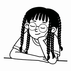 Fototapeta premium Minimal line art illustration of a cute girl with big round glasses