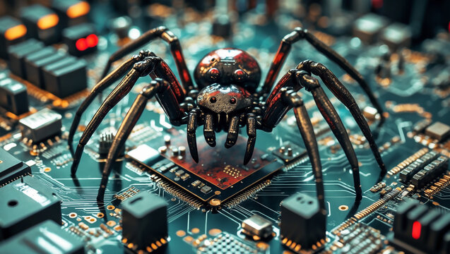 Halloween cyber spider creepy crawly on circuit board technological horror concept