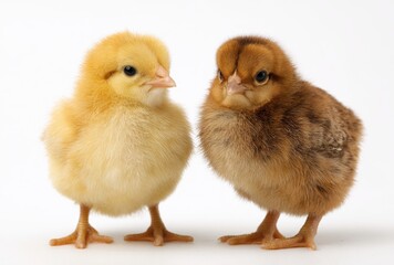 Obraz premium Two fluffy baby chicks standing side by side on a white background