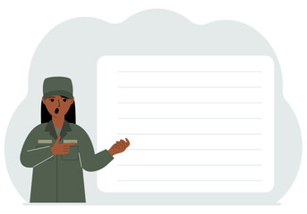 Female soldier in uniform next to a large white banner for your text.
