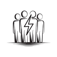 A sketch of three figures with circle heads and a lightning bolt in the middle in black and white art