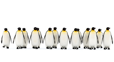 Obraz premium Line of Penguins Marching in Identical Black Sunglasses on White Background