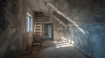 Obraz premium Attic Room Renovation with Ladder and Plaster Walls Streaming Sunlight