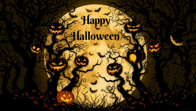 Spooky happy halloween full moon night with jack-o-lanterns bats and creepy trees