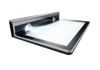 Ultra-modern display module, gunmetal gray bezel, brilliant white holographic projection with dynamic content, soft glow, isolated on white background, copy space, high-tech innovation concept