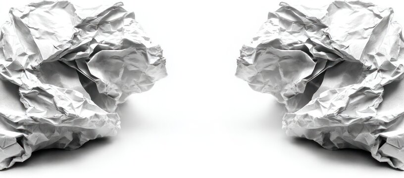 Two crumpled white paper balls symmetrically positioned on a white background - Powered by Adobe