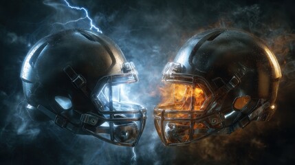 Two futuristic helmets facing each other with lightning and fire effects in a dramatic scene