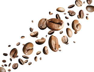 Coffee beans move in space from the lower left corner to the upper right. Isolated on white