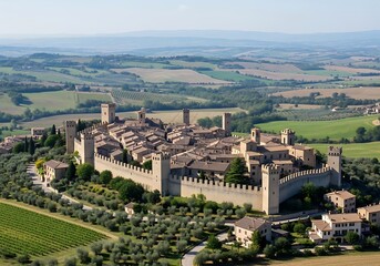 Fototapeta premium An aerial view showcases a medieval town nestled within a landscape of rolling hills and vineyards.