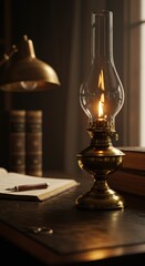 Warm antique desk lamp, books, and writing implements