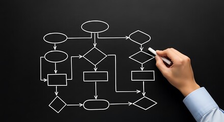 A process flow chart is drawn on a dark surface, showcasing a sequence of steps with various shapes and arrows.