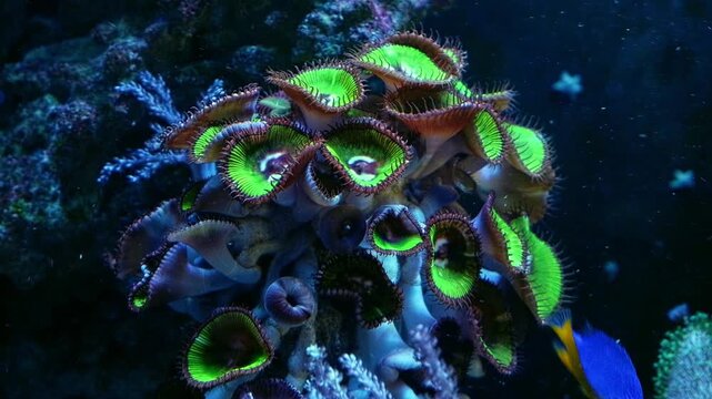 fish close Palythoa grandis in stress, green soft coral open head disc in water flow, fluorescent animal colony, easy pet for beginner aquarist, LED blue light, reef marine live rock aquarium, relax