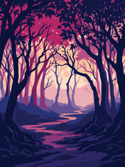 Dark Forest Silhouette with Sunset Sky
