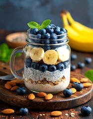 Healthy layered parfait with blueberries, bananas, and granola