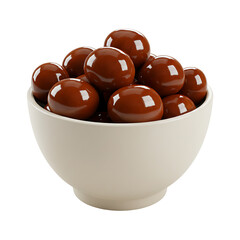 Chocolate candies arranged in a white bowl on a plain background  