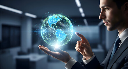 Global Business Connection: Man Holding Digital Earth